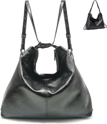 Damen PU Lederrucksack 2 in 1 Hobo Schultertasche Schwarz