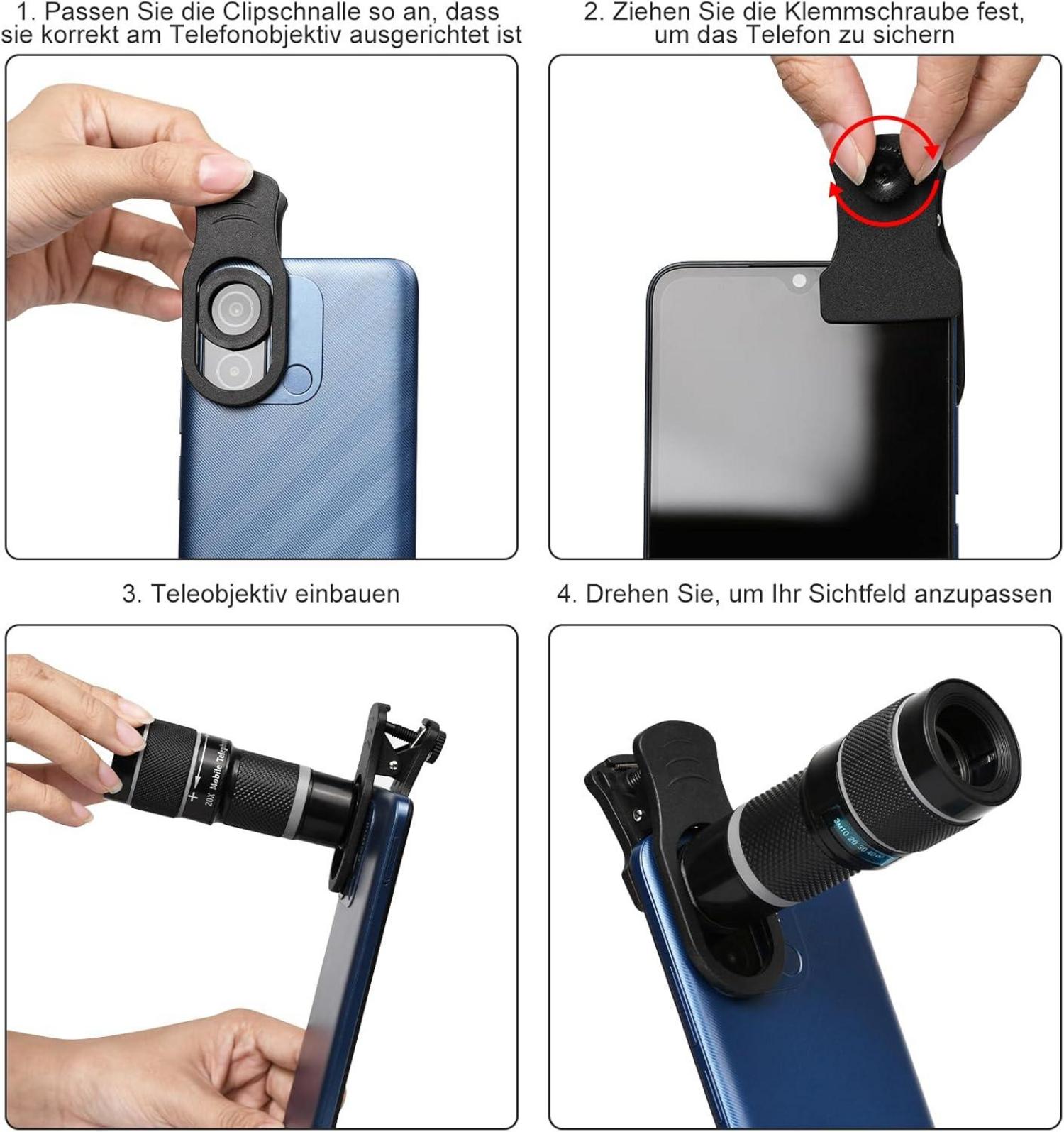 20X Telezoom Objektiv langes Fokus Zoom Handy Kamera Linse Clip Kit iOS Android