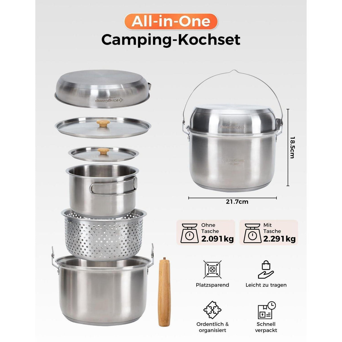 Camping Kochgeschirr Edelstahl Set für 4 Personen