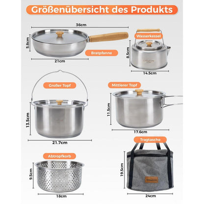 Camping Kochset Edelstahl 4-teilig mit Wasserkessel