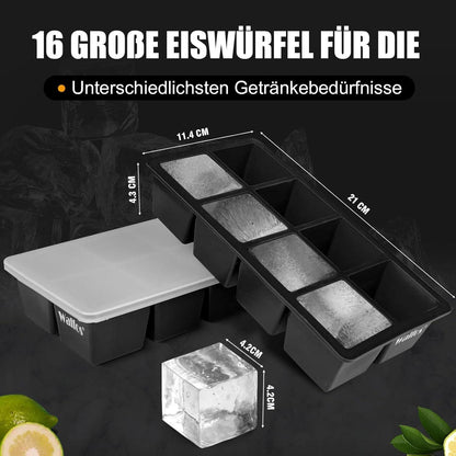 Walfos große Silikon Eiswürfelform 2er-Pack mit Deckel BPA-frei