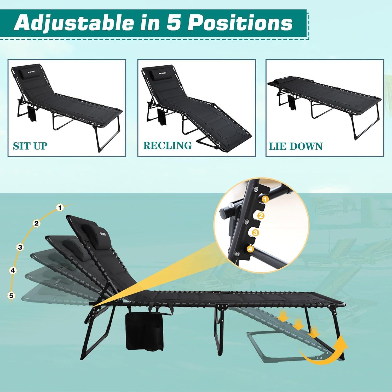 2er Set Sonnenliege Klappbar Schwarz 5-fach Verstellbar Gartenliege Strandliege 190x59CM