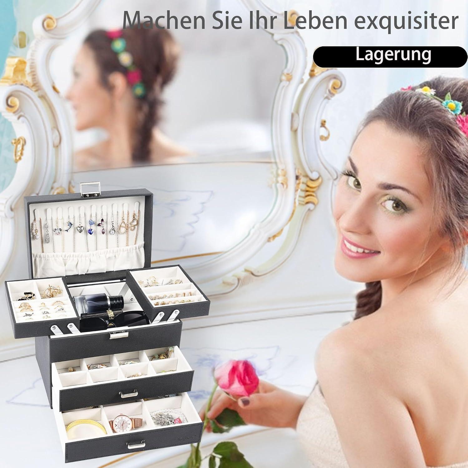 Große Schmuckkästchen Schmuckaufbewahrung 4 Ebenen + 2 Schubladen