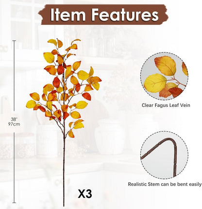 Künstliche Herbstblätter Gold Gelb 97cm, 3 Stück - Deko