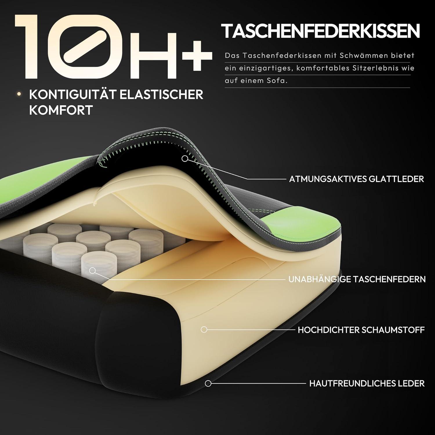 Gaming Stuhl mit Massage, Lendenwirbelstütze, Frühling Kissen, 150KG - Hellgrün