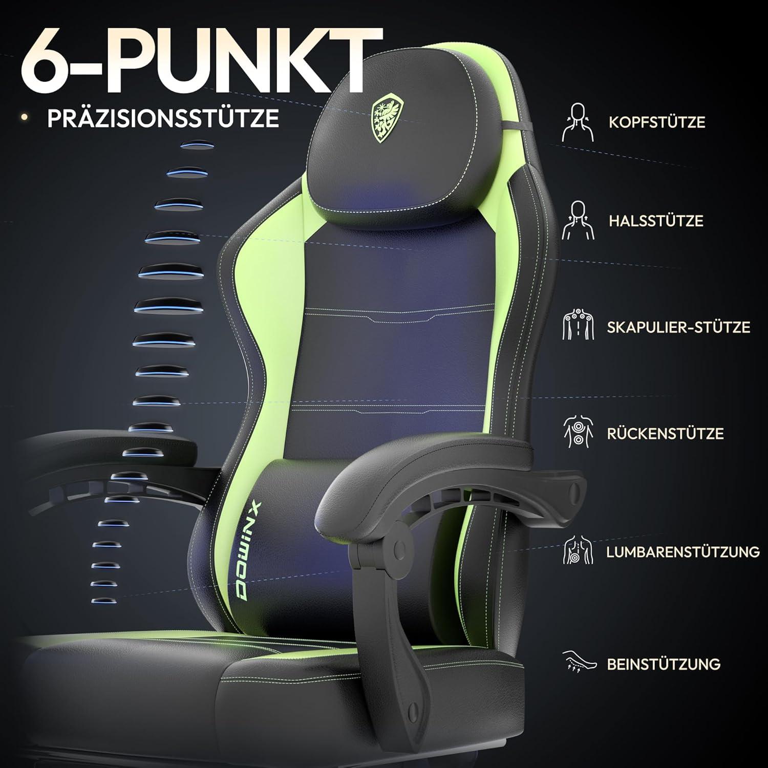 Gaming Stuhl mit Massage Lendenwirbelstütze und Federkissen, Hellgrün