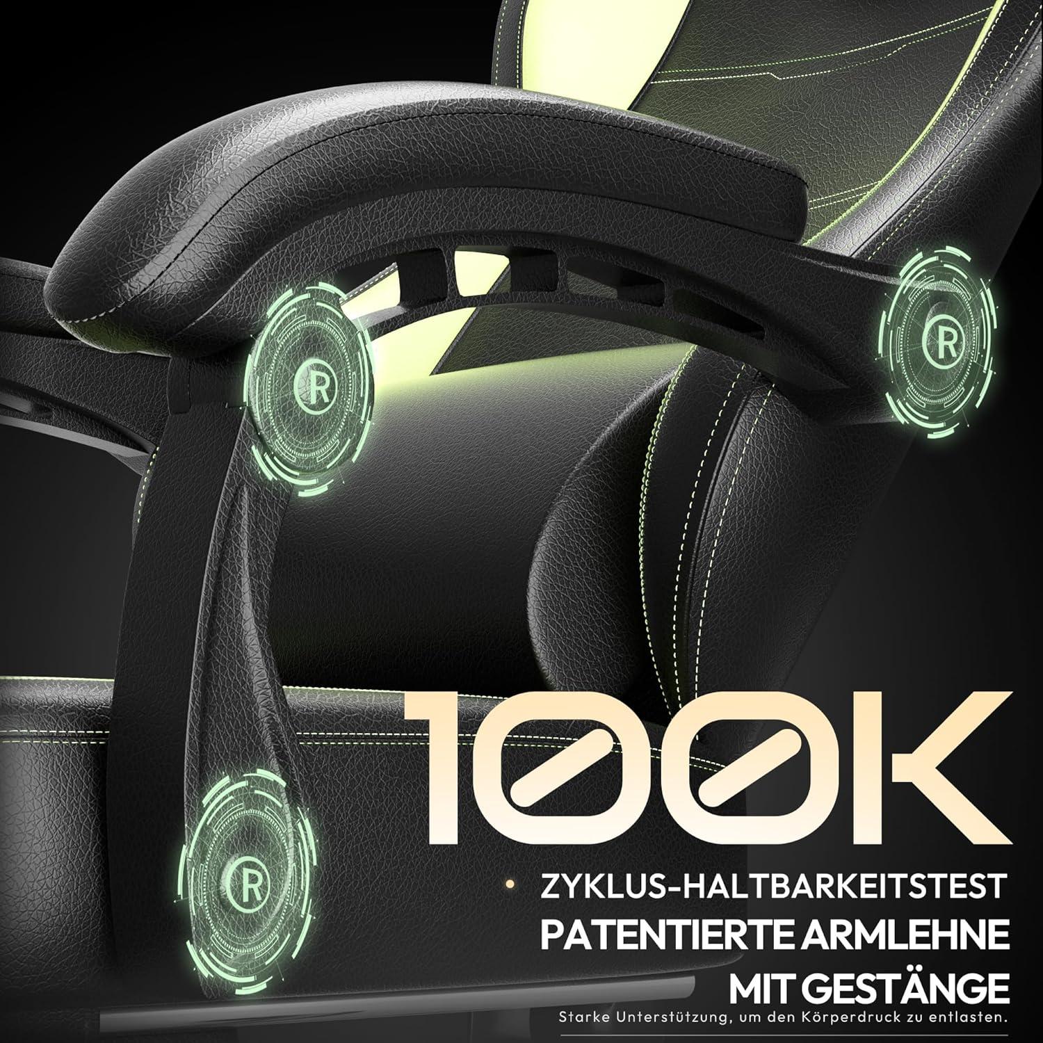 Gaming Stuhl mit Massage, Lendenwirbelstütze, Frühling Kissen, 150KG - Hellgrün