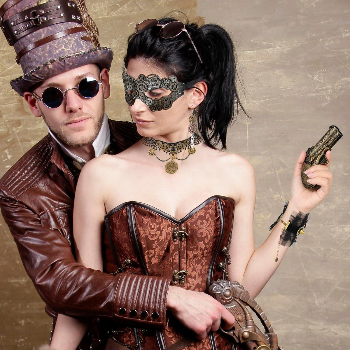 Steampunk Kostüm Set Damen mit Maske & Schmuck