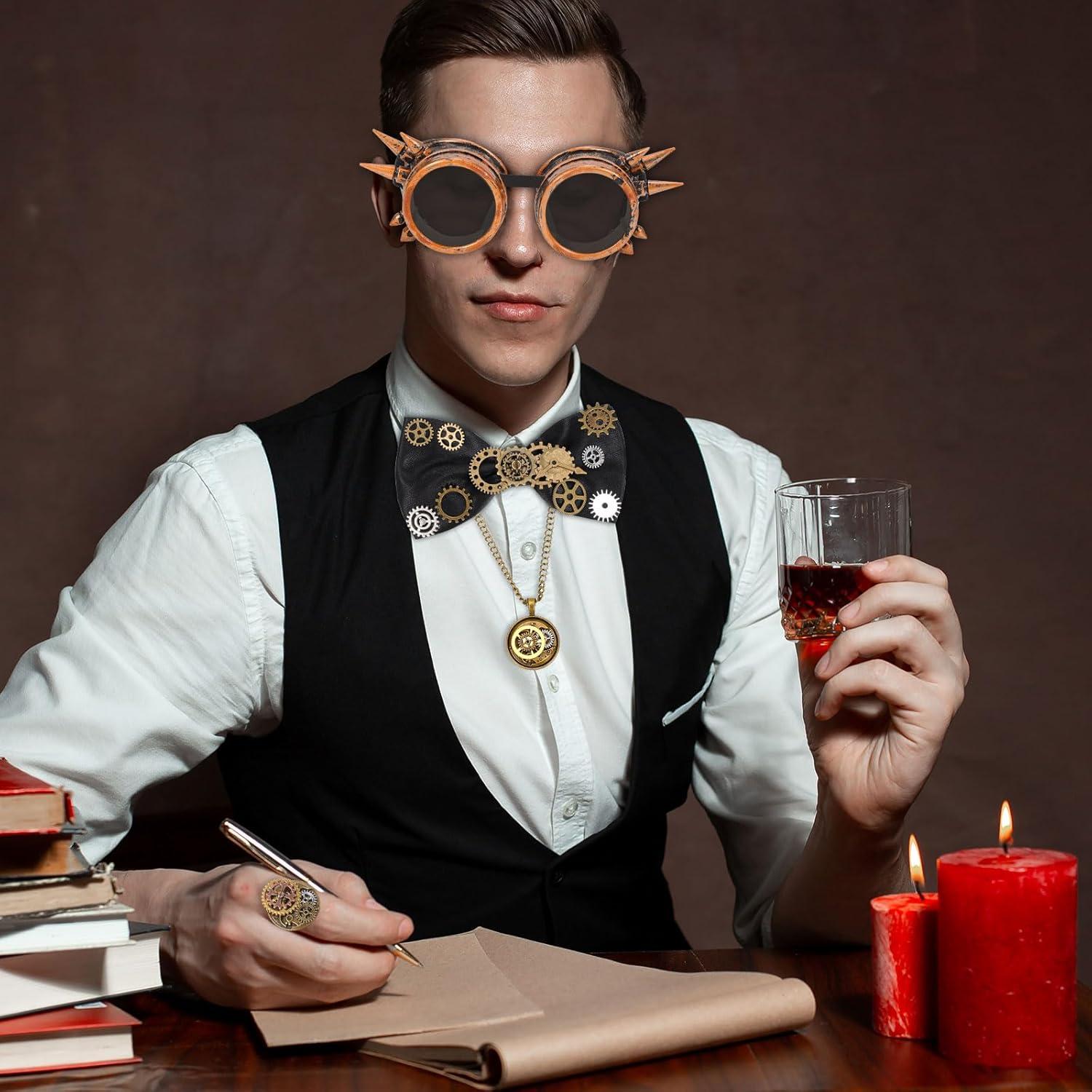 Steampunk Kostüm Herren Brille Fliege Halskette Ring Zahnräder Halloween