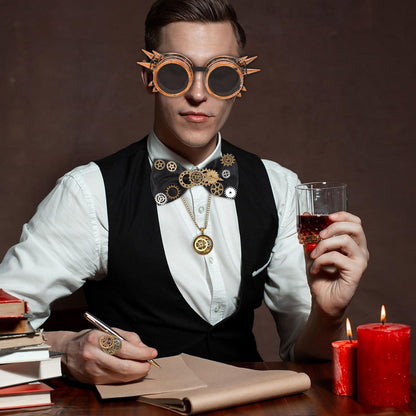 Steampunk Kostüm Herren Brille Fliege Halskette Ring Zahnräder Halloween