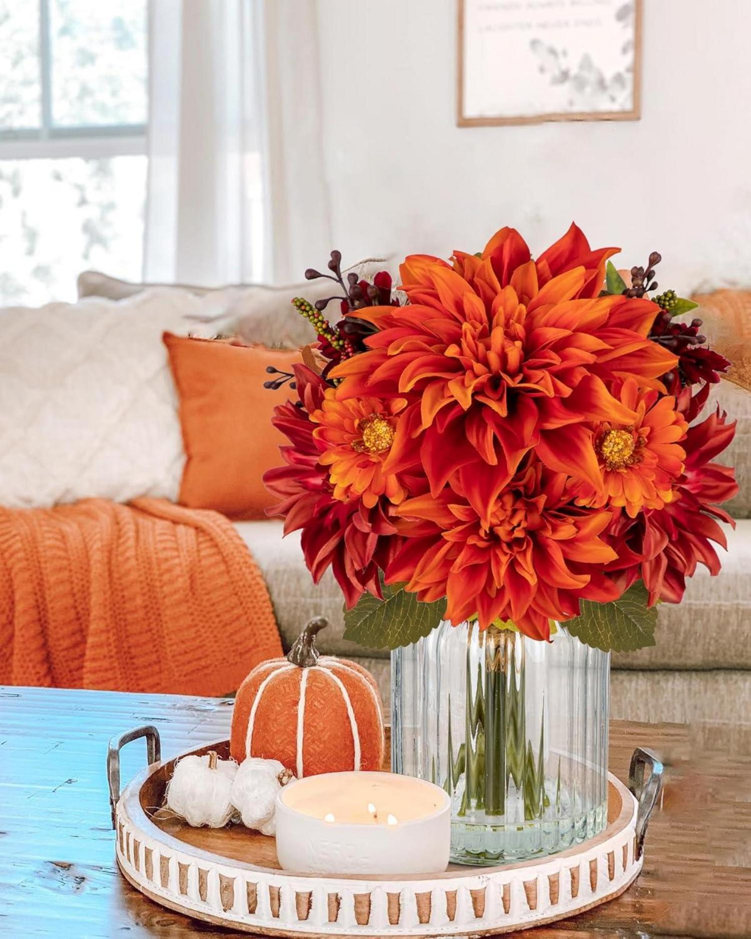 Künstliche Herbstblumen in Glasvase 30 cm Orange Deko Chrysantheme Dahlie