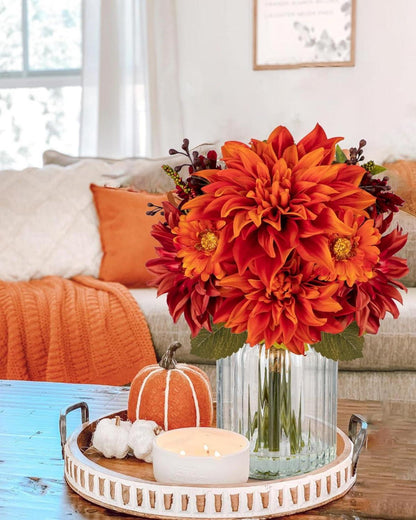 Künstliche Herbstblumen in Glasvase 30 cm Orange Deko Chrysantheme Dahlie