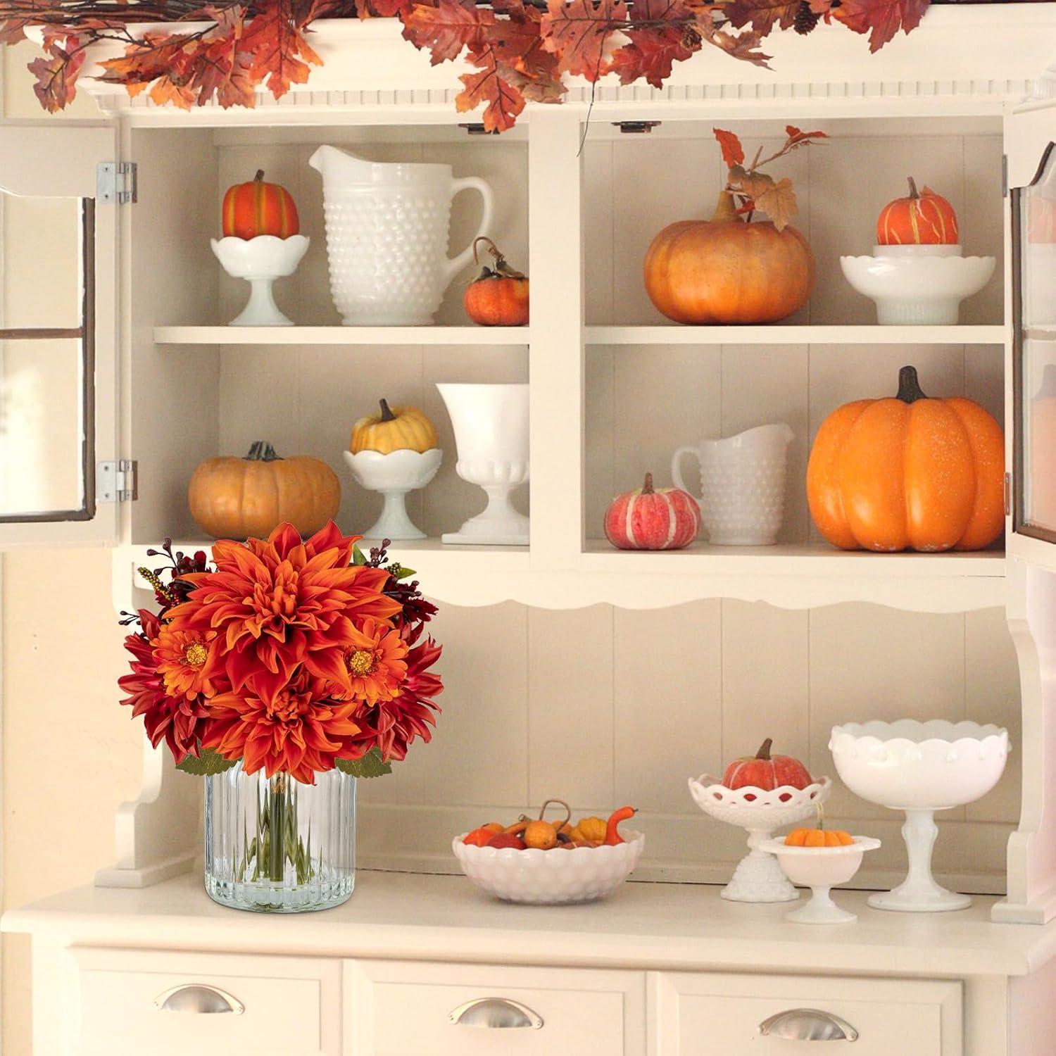 Künstliche Dahlien Chrysantheme Herbst Deko 30cm Glasvase Orange