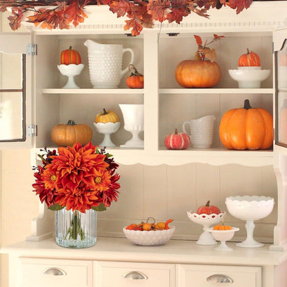 Künstliche Dahlien Chrysantheme Herbst Deko 30cm Glasvase Orange