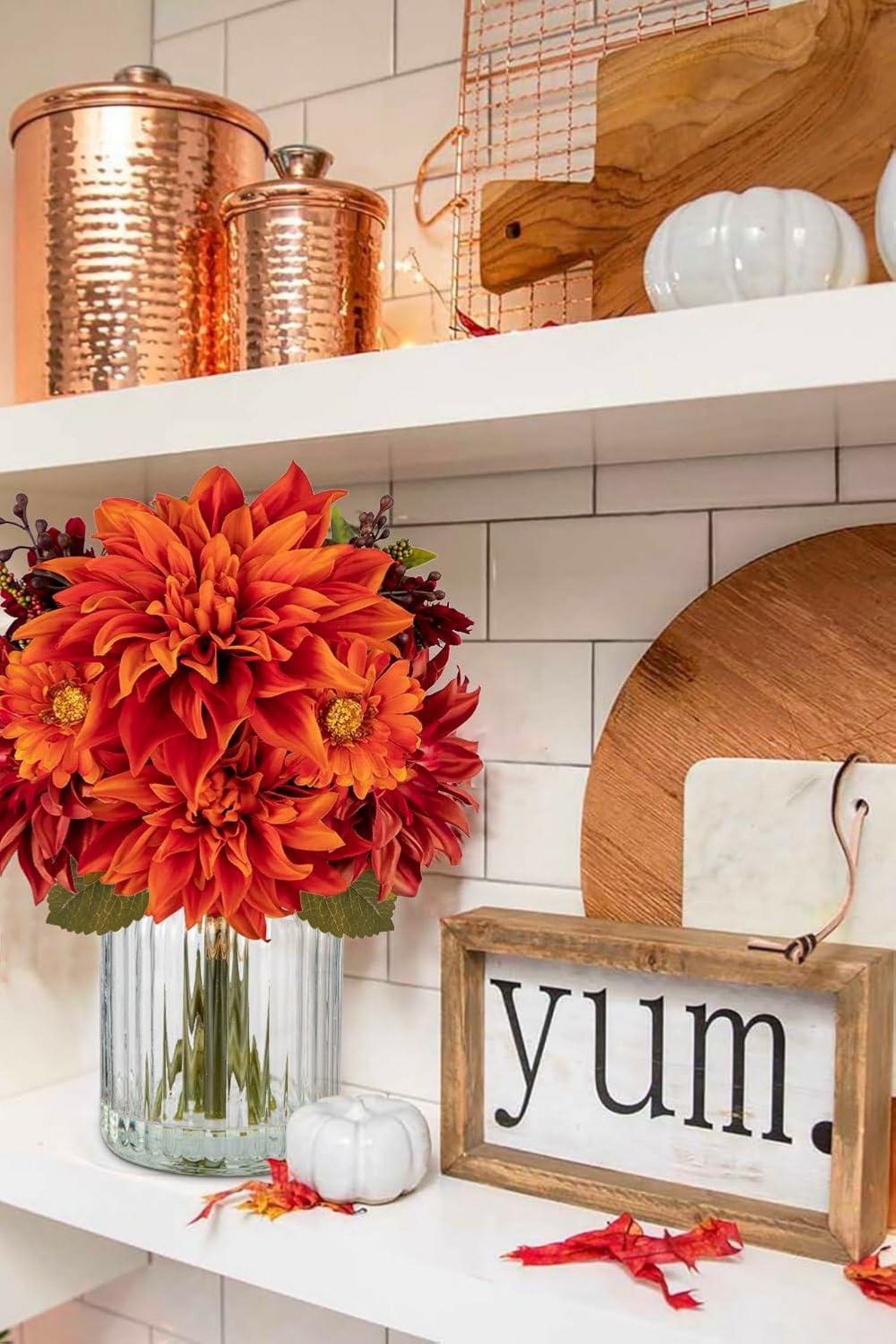 Künstliche Dahlien Chrysantheme Dekoblumen in Glasvase Herbst Deko 30