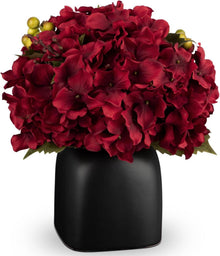 Burgunderrote künstliche Hortensien in Schwarzer Keramikvase