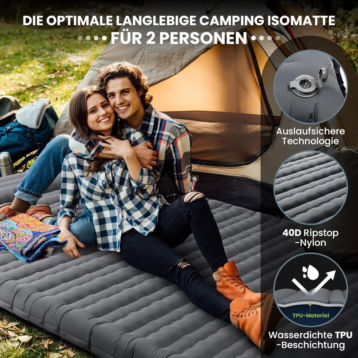 Isomatte Selbstaufblasend Doppel 12CM Ultraleicht Camping für 2