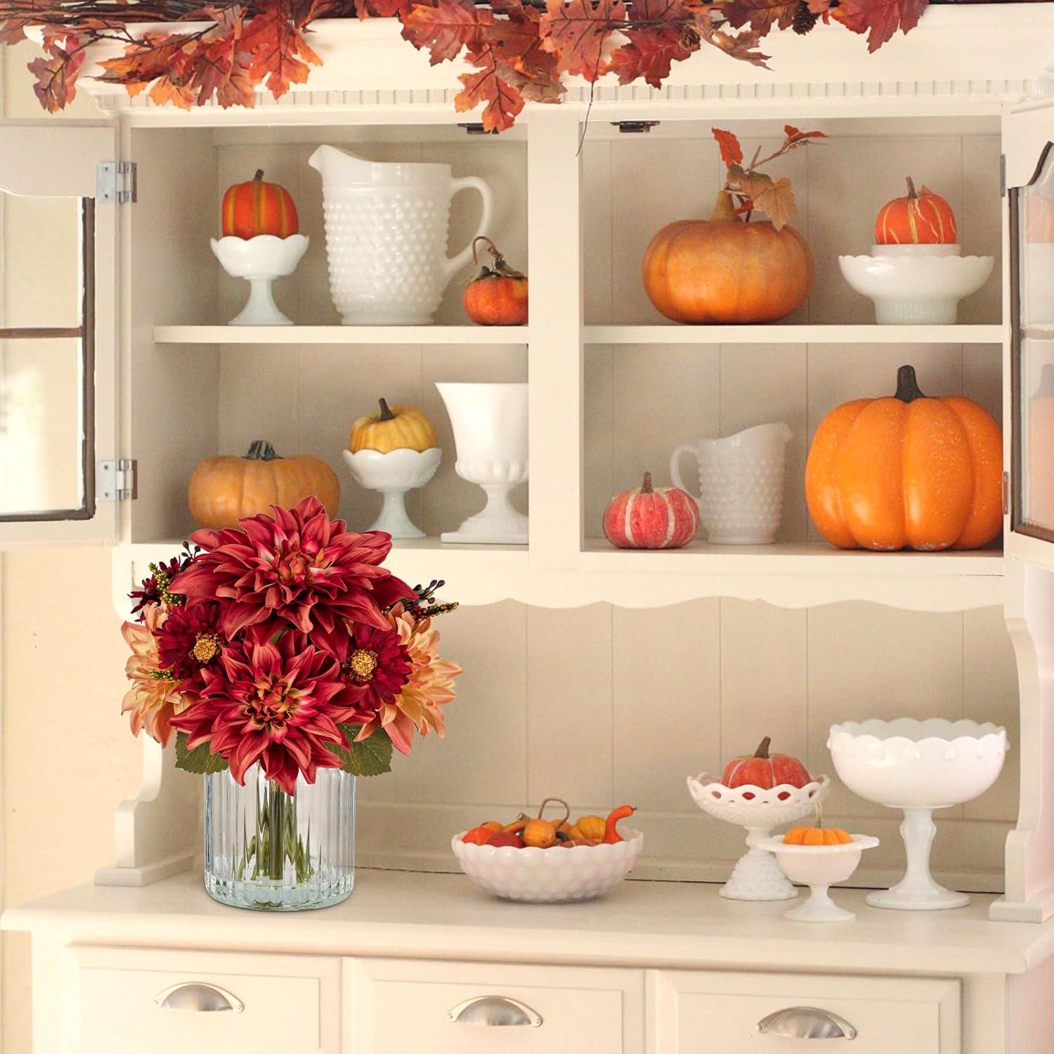 Künstliche Dalia Chrysantheme Blumengesteck Herbst Deko Glasvase