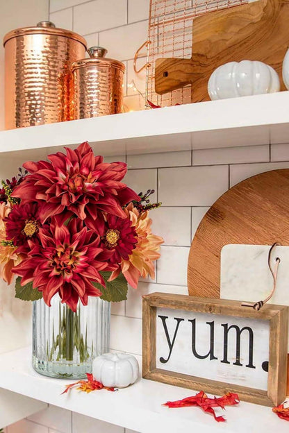 Künstliche Dalia Chrysantheme Blumen in Glasvase Herbst Deko 30cm