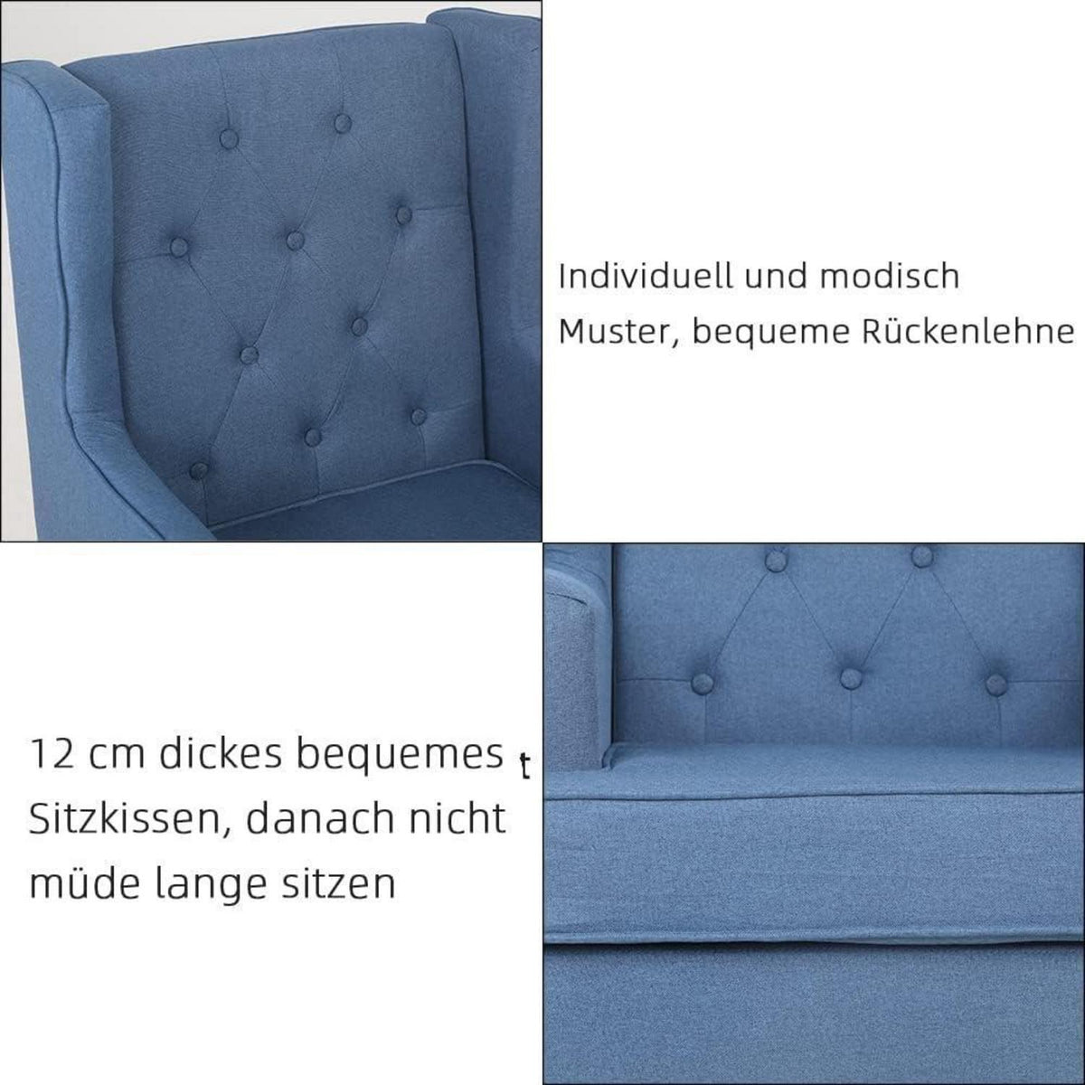 Mingone Ohrensessel Blau – Bequemer Leinen Loungesessel mit Holzfüßen
