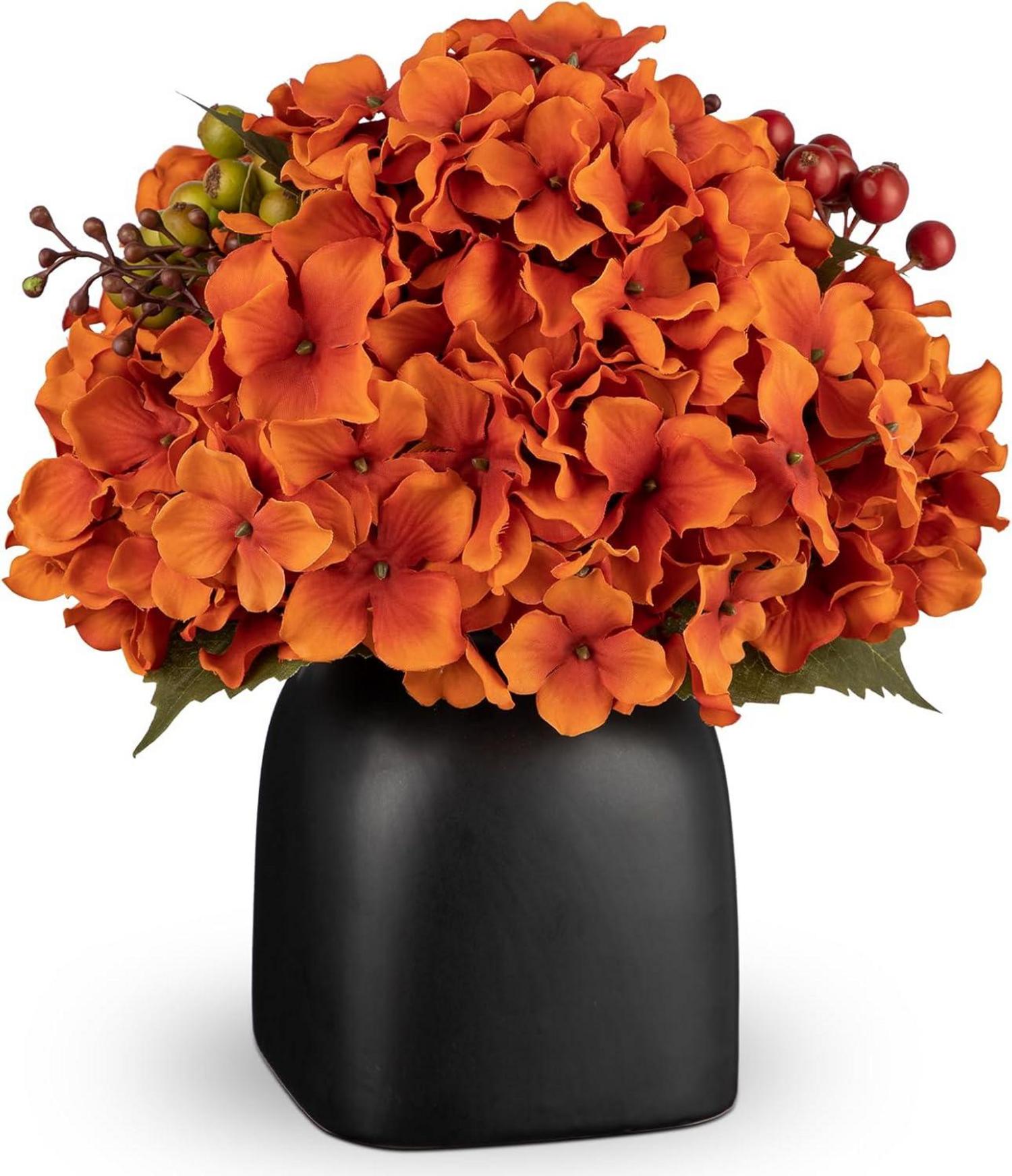 Kunstblumen Hortensien Orange Beeren in Schwarzer Keramikvase