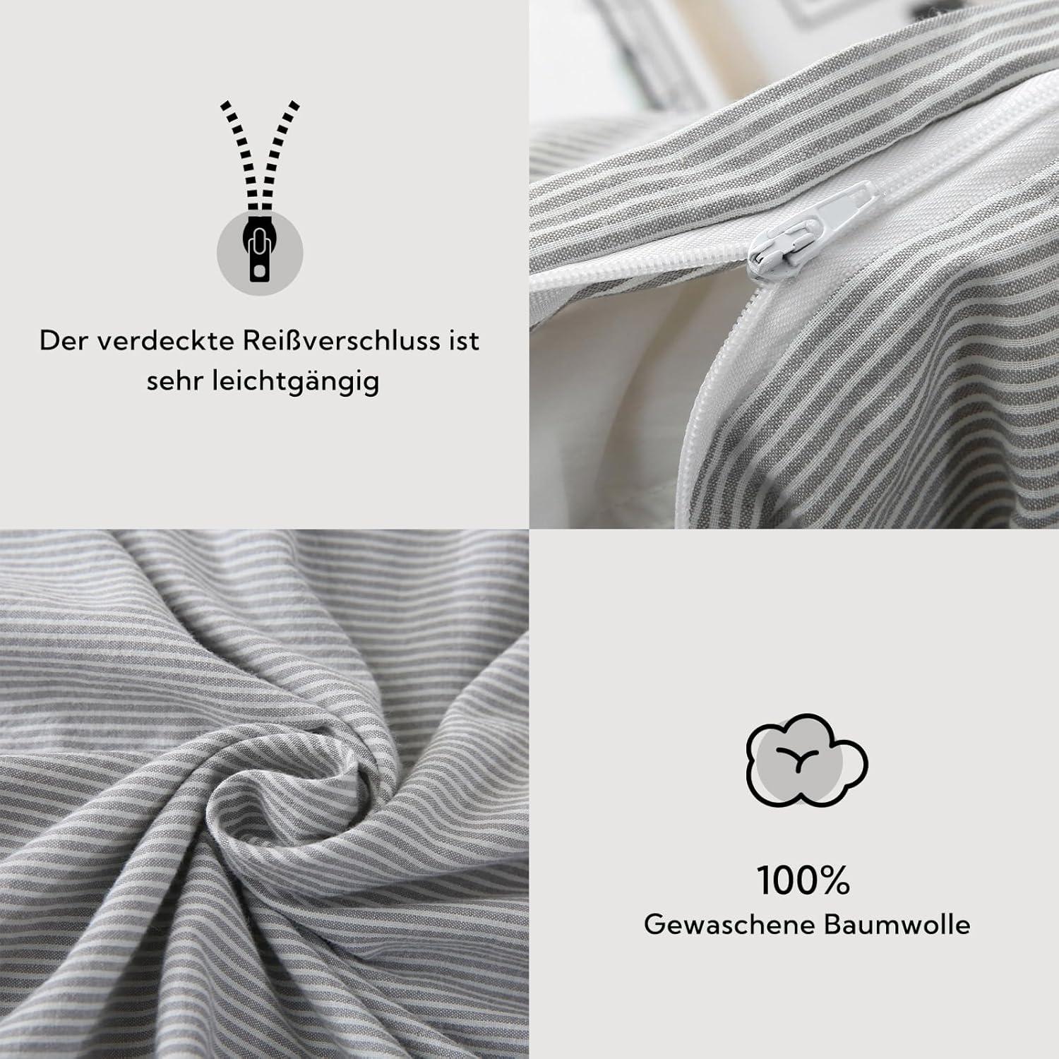 Bettwäsche 135x200 Baumwolle Gestreift 100% Gewaschen Grau