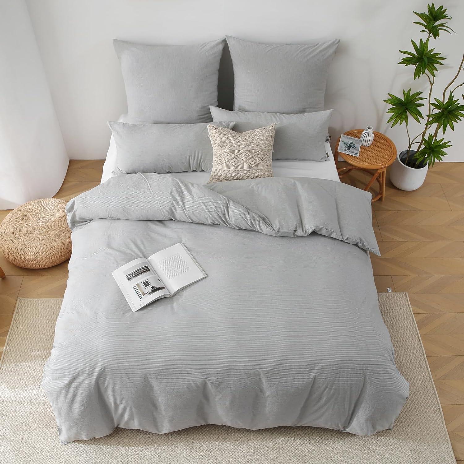 Bettwäsche 135x200 Baumwolle gestreift grau 100% gewaschene Baumwolle