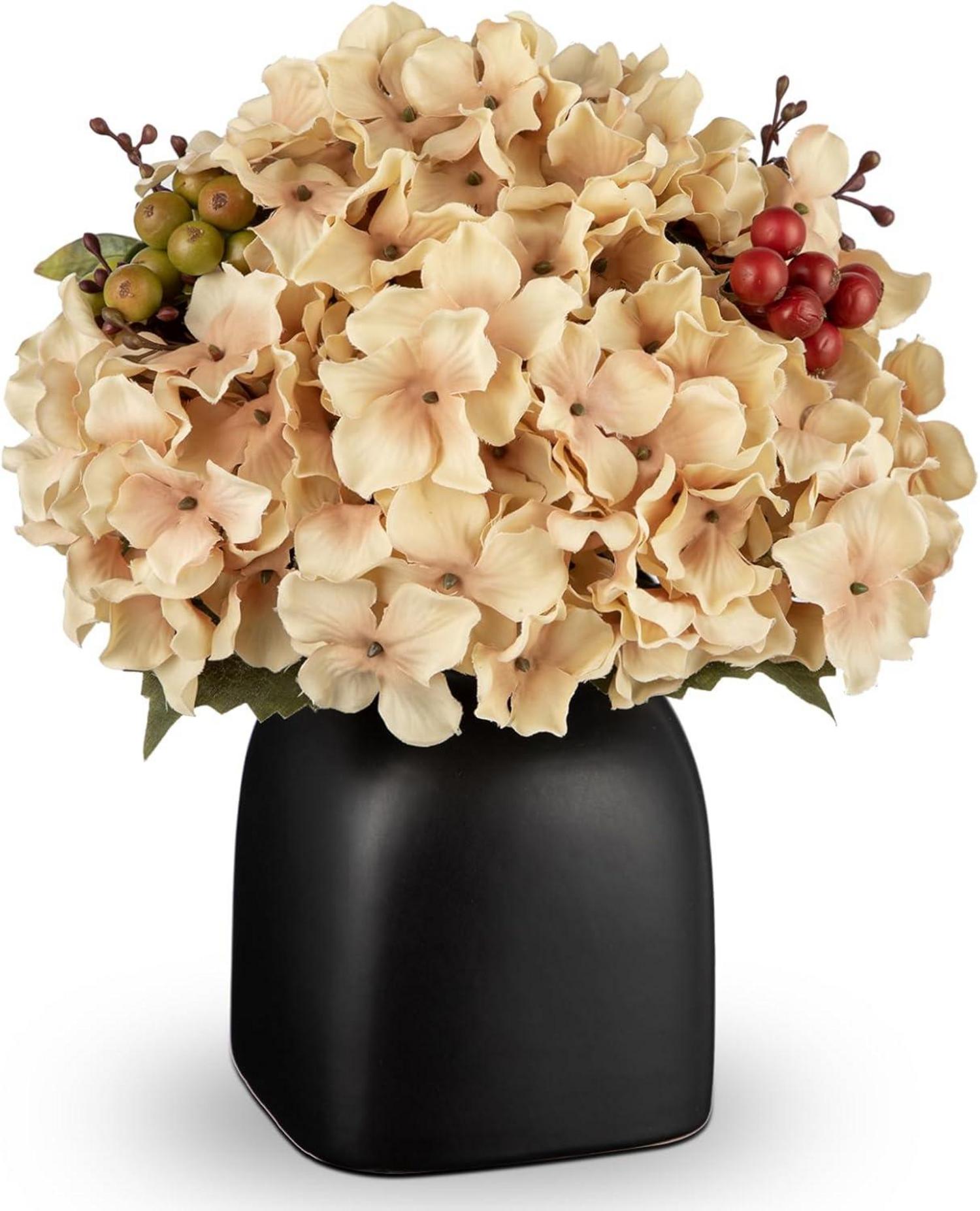 Künstliche Hortensien Blumengesteck Beeren Keramikvase Herbst