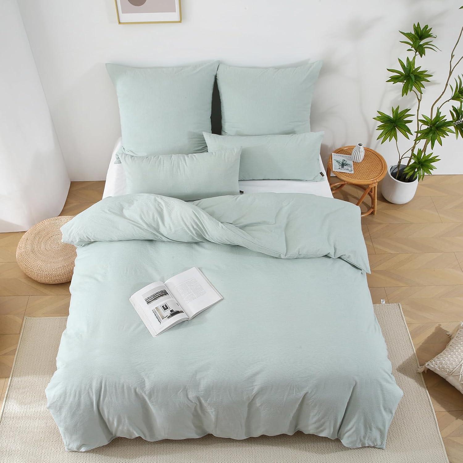 Bettwäsche 135x200 Baumwolle Gestreift Grün Reißverschluss öKotex