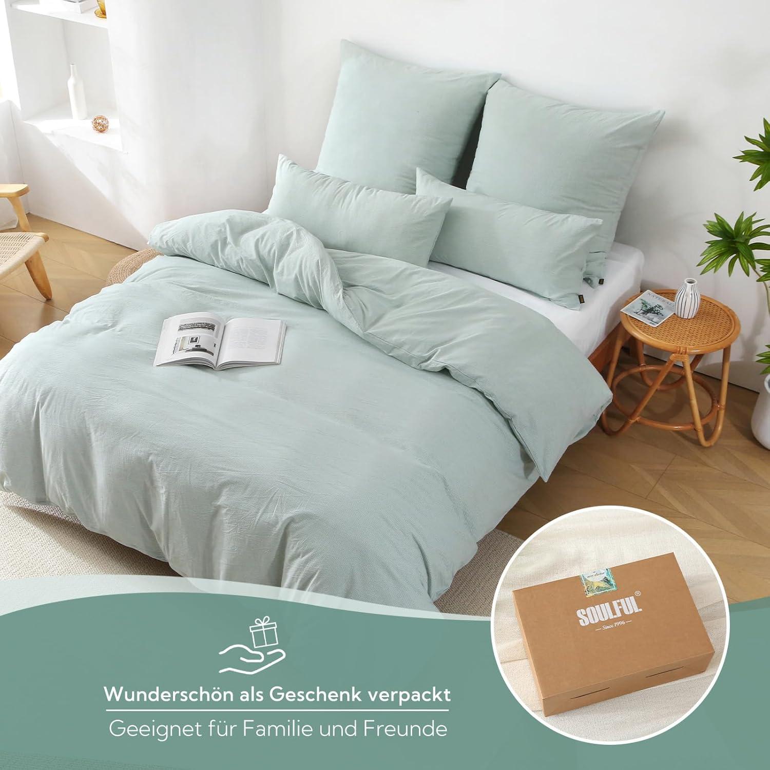 SOULFUL Bettwäsche Set 135x200 Grün Gestreift Baumwolle Reißverschluss