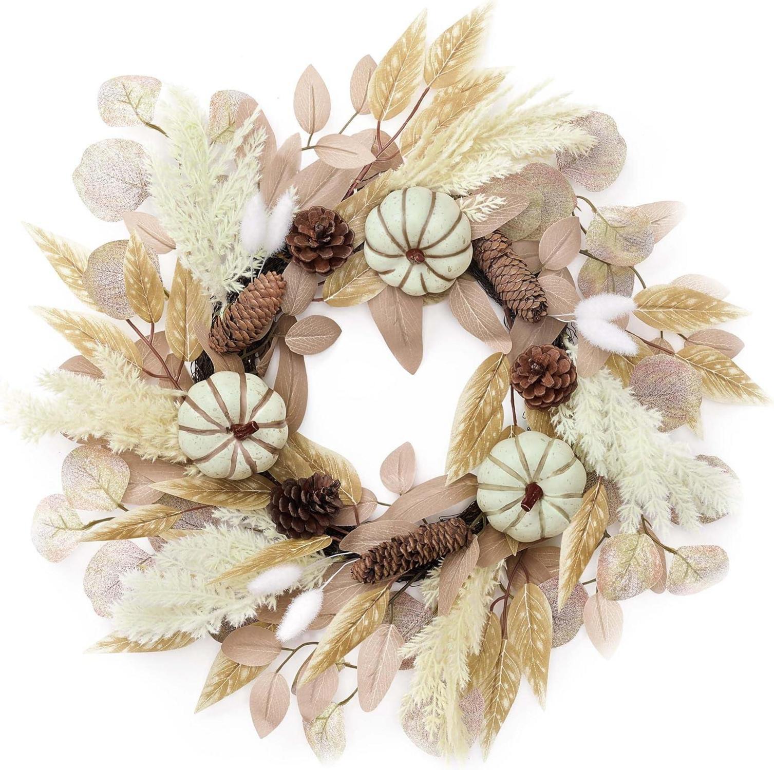 Herbstkranz Deko mit Kürbis und Pampasgras 45cm Beige