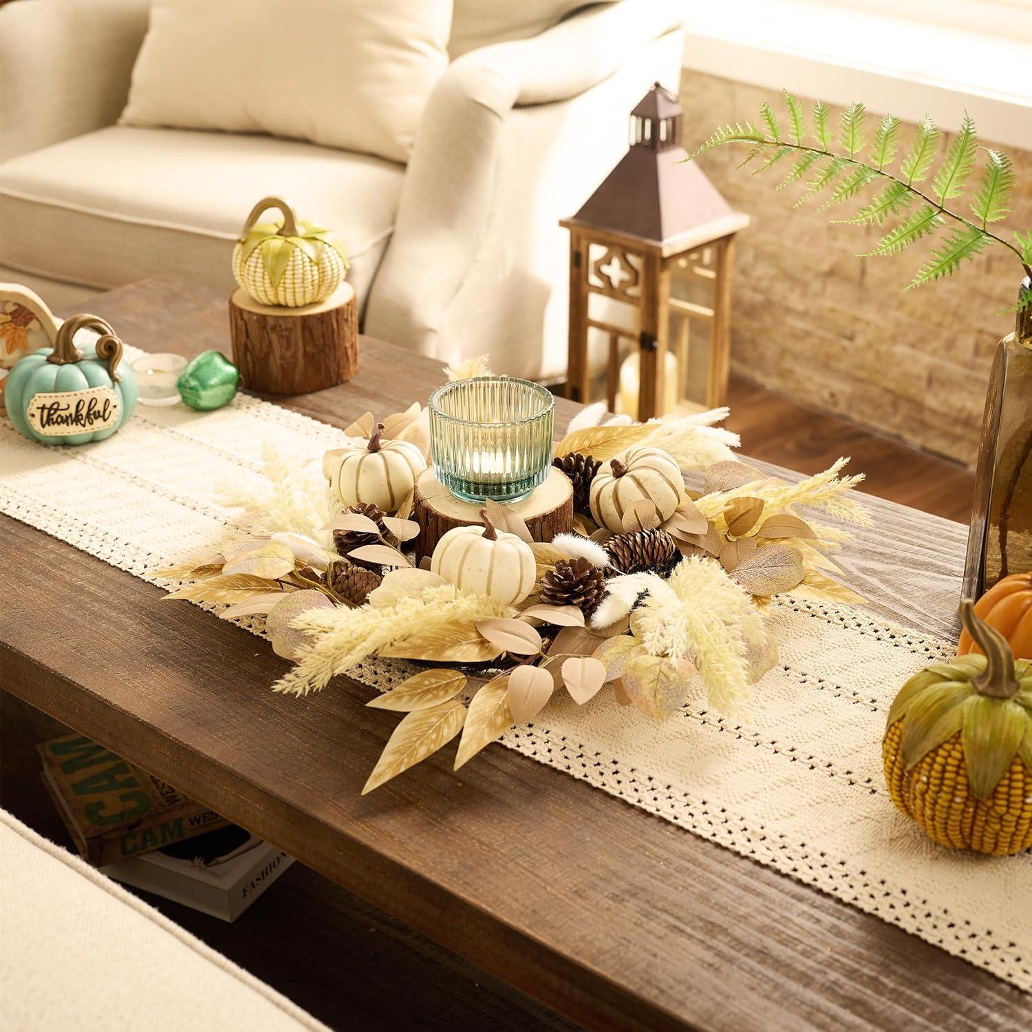 Herbstkranz Deko mit Kürbis und Pampasgras 45cm Beige