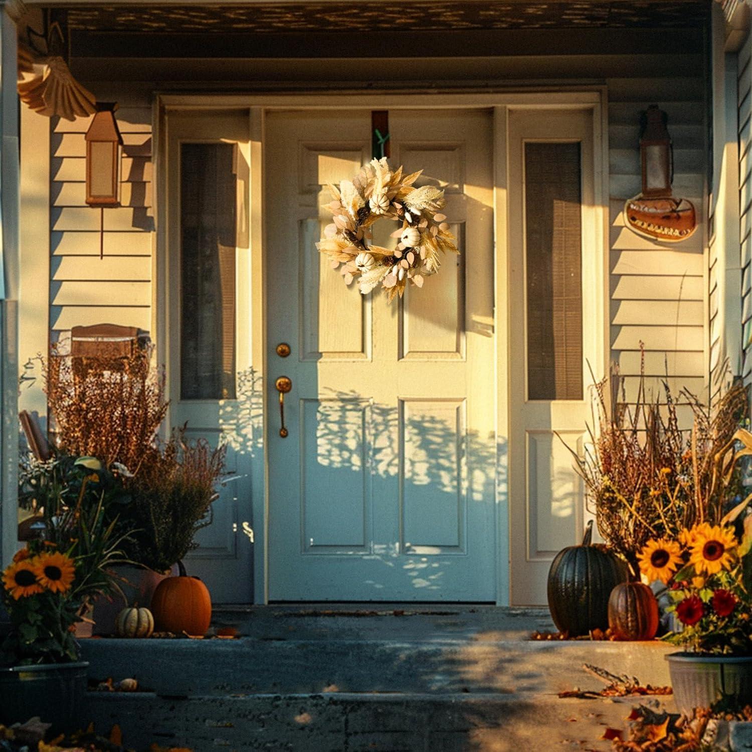 Valery Madelyn 45cm Herbstdeko Türkranz mit Kürbis und Pampasgras Beige