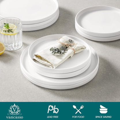 vancasso VENUS Steingut Speiseteller Set 6 Personen 10.5 inch Weiß, spülmaschinen-und mikrowellenfest