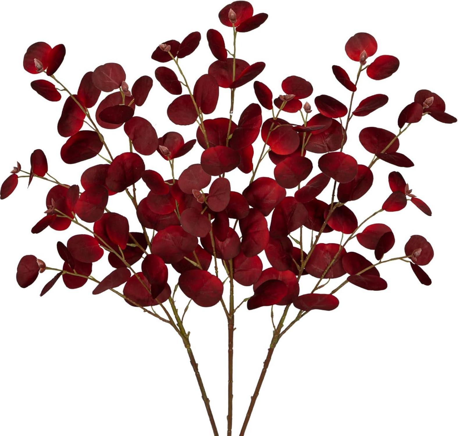 3er Set Künstliche Eukalyptus Zweige 81CM Kunstpflanze Dunkelrote