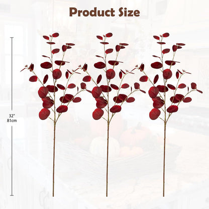3er Set Künstliche Eukalyptus Zweige 81CM Kunstpflanze Dunkelrote