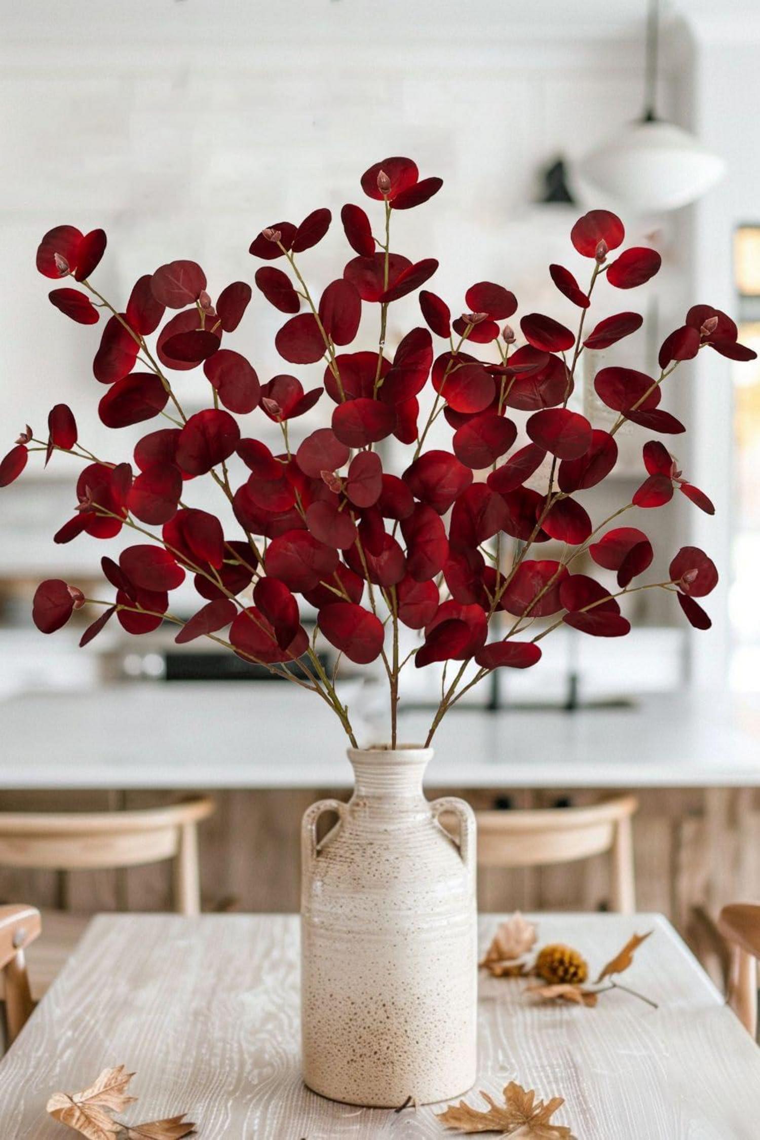 3er Set Künstliche Eukalyptus Zweige 81CM Kunstpflanze Dunkelrote Blätter