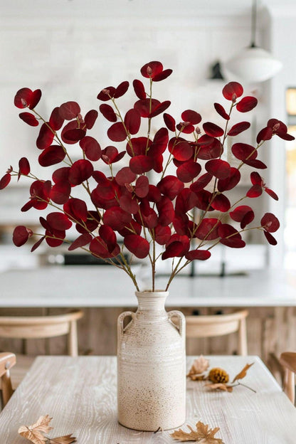 3er Set Künstliche Eukalyptus Zweige 81CM Kunstpflanze Dunkelrote Blätter