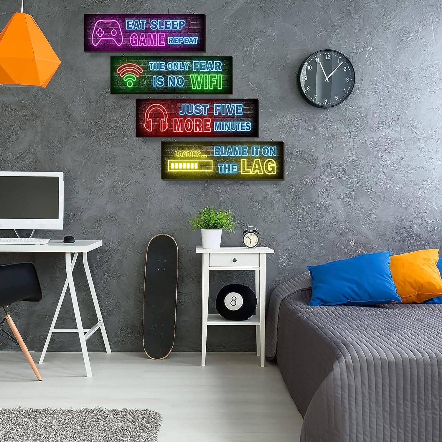 Holzschild Gaming Poster Set Neon Wandbilder 4-teilig