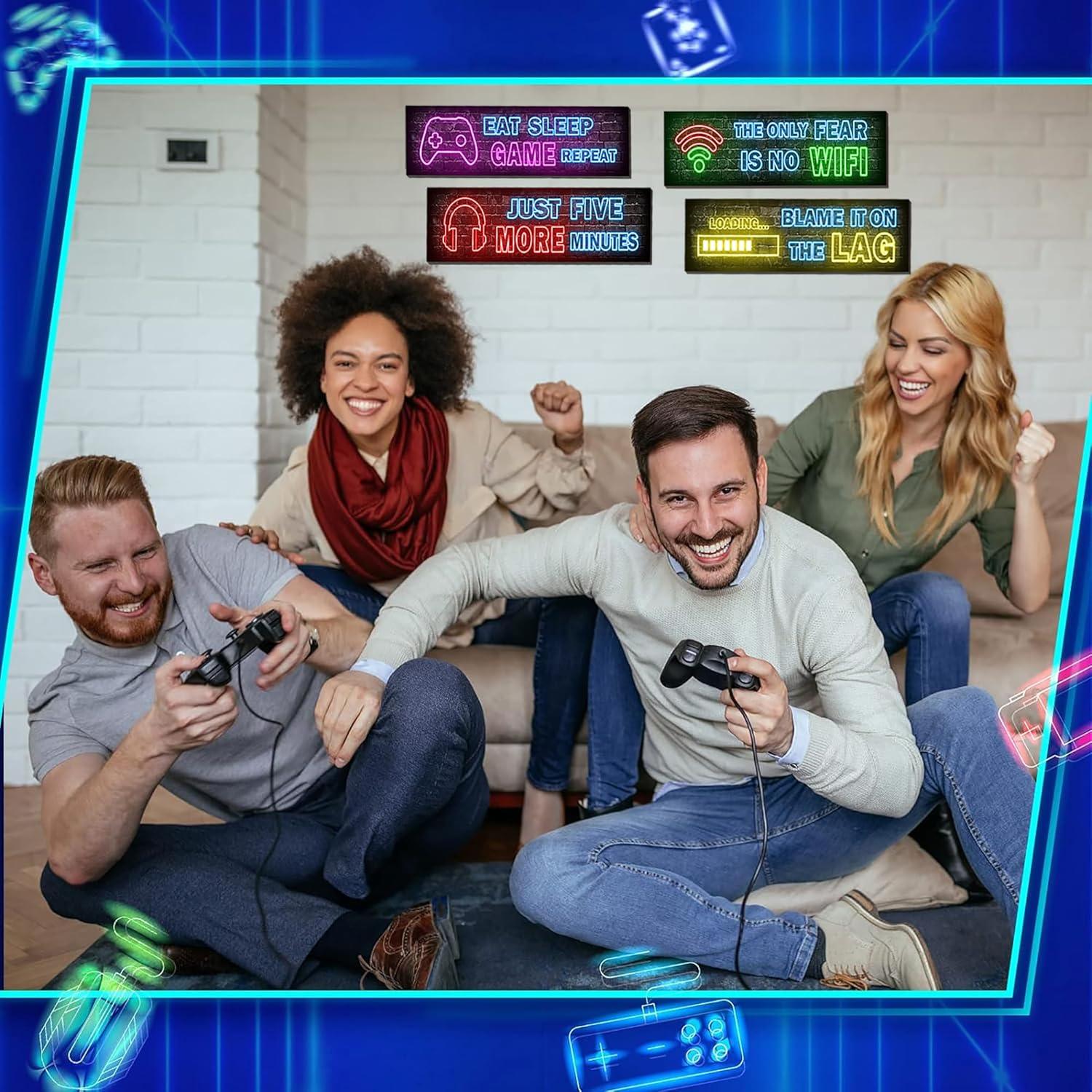Neon Gaming Wandbilder Set 4 Stück Holzschild Spruch Gaming Zimmer Playstation Schlafzimmer