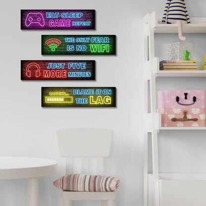 Holzschild Set Gaming-Poster 4-teilig Neon Bilder Wohnzimmer