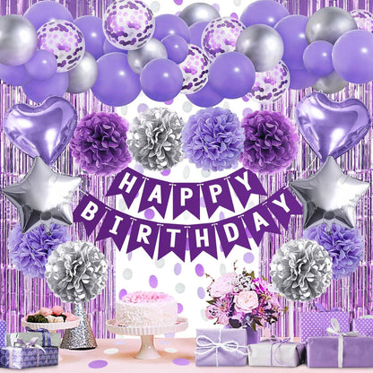 Geburtstagsdeko Set Violett Silber Party Deko Mädchen Frauen Kinder