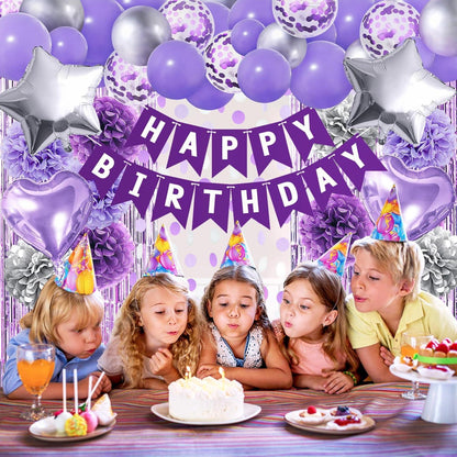 Lila Silber Happy Birthday Deko Set Mädchen Frauen Kindergeburtstag