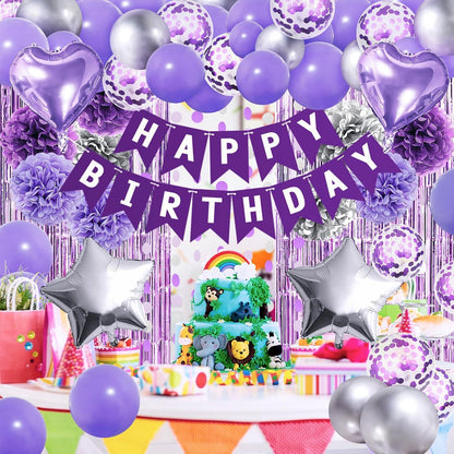 ZERODECO Lila Silber Geburtstagsdeko Happy Birthday Party Set