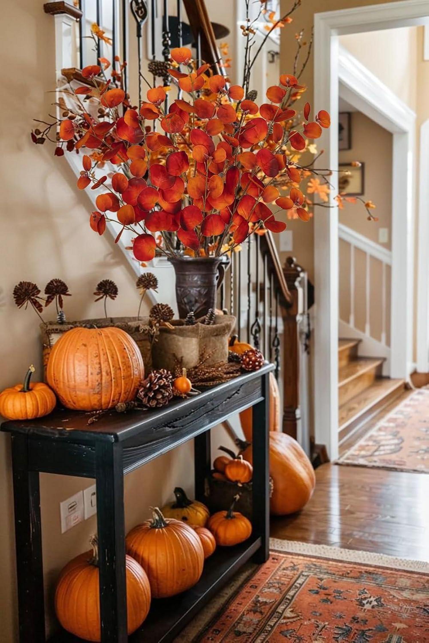 Kunstpflanze Eukalyptuszweig 3er-Set Herbstdeko Orange Blätter 81CM