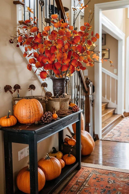 Kunstpflanze Eukalyptuszweig 3er-Set Herbstdeko Orange Blätter 81CM