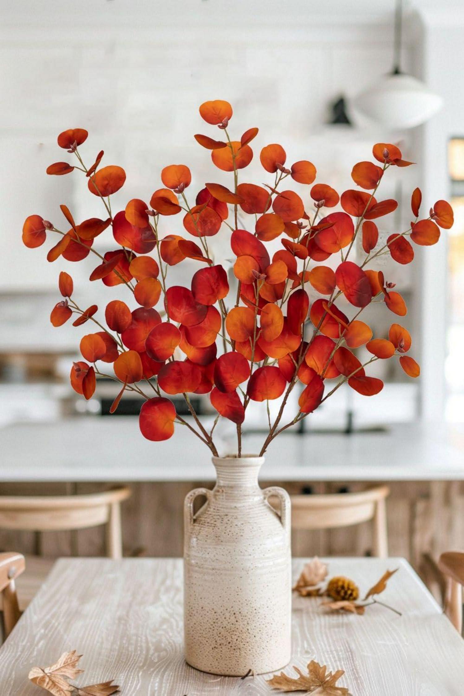 3er Set Künstliche Eukalyptus Dekozweige Orange Herbst 81CM