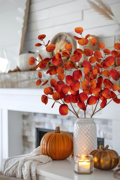 3er Set Künstliche Eukalyptus Herbstzweige 81CM Orange Blätter