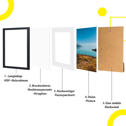 Bilderrahmen DIN A4 Acrylglas MDF Schwarz Wohnzimmer Wanddekoration
