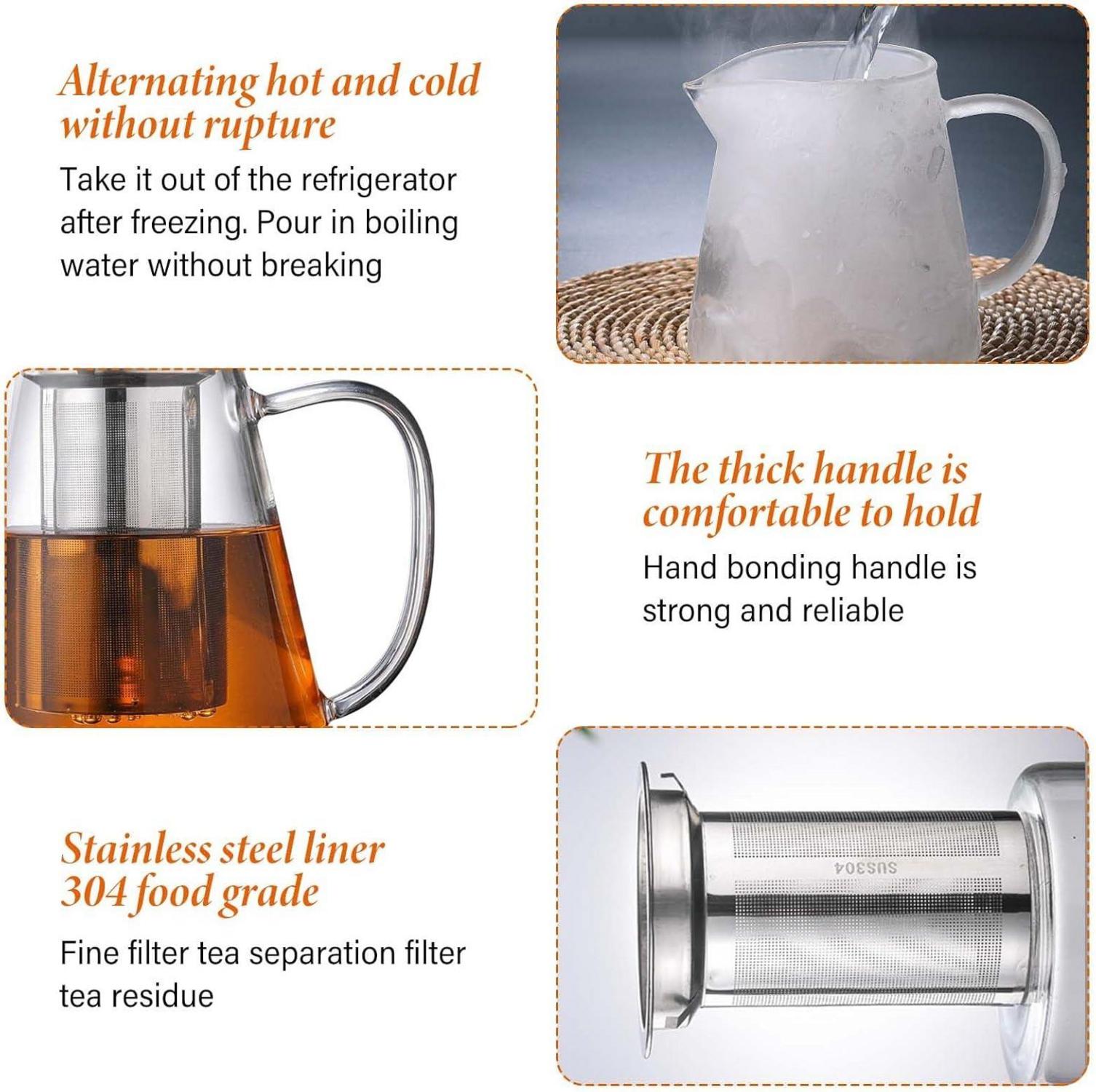 Teekanne 1300ML Borosilikatglas Hitzebeständig mit Abnehmbarem Sieb